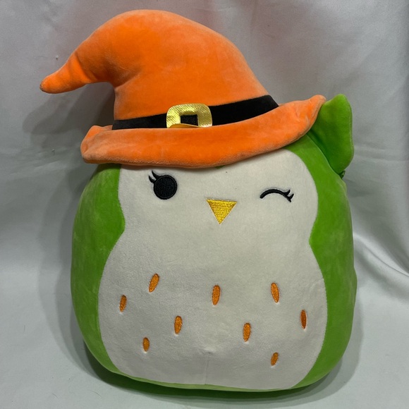 14” Squishmallow Alder The Owl with witch hat Halloween Green/Orange EUC - Picture 1 of 5
